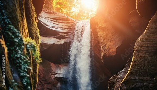 A remote waterfall hidden deep within a canyon, with sunlight peeking through the cliffs. AI generated