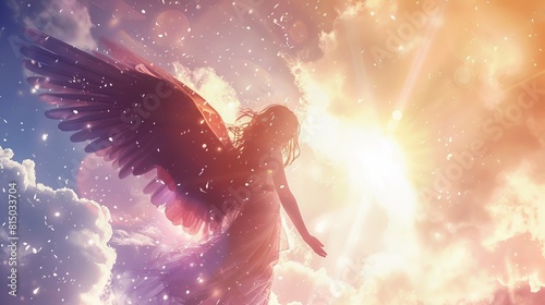 A woman is standing in the sky with a winged angel
