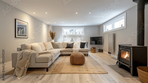 A Scandinavian basement remodel featuring a lounge area with a sectional sofa, a wood stove, and neutral colors