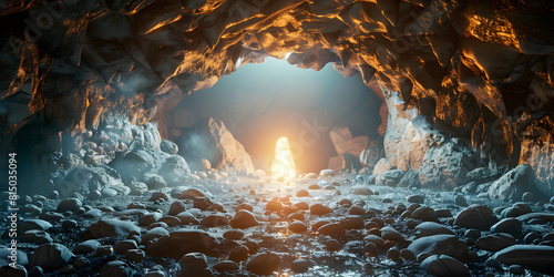 A dark cave with orange lights and a light on the left side