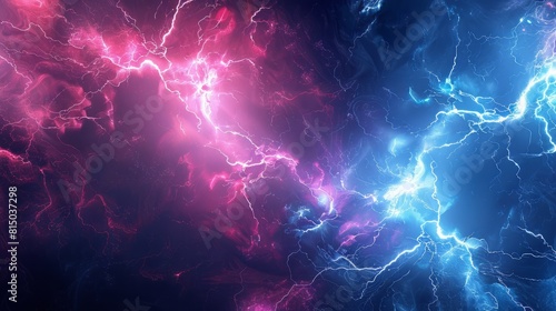 A visual abstraction of electric lightning in blue and pink, evoking thoughts of battle and confrontation. Versus screen.. hyper realistic 