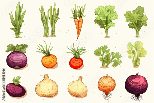 Set of different vegetables. Onion, carrot, beet, tomato, celery, radish. Vector illustration.