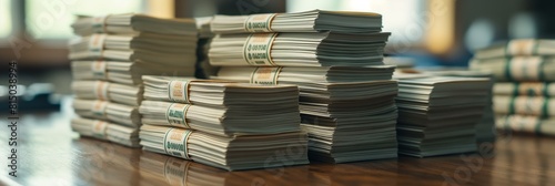 High-resolution image of several stacks of bundled US currency in 100 dollar bills on a table