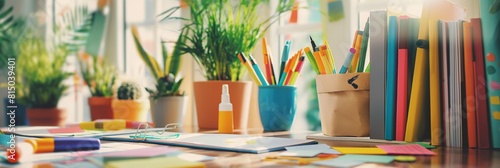 Bright and colorful creative workspace featuring a variety of arts and crafts supplies and stationery