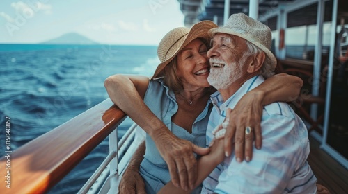 Beautiful retired senior couple enjoying cruise vacation. Senior man and woman having fun on a cruise ship. Old man and old lady travelling by sea. hyper realistic 
