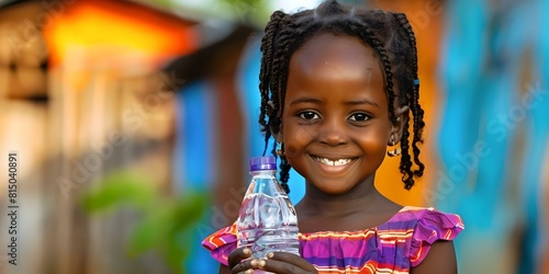 A young African girl holding a bottle of clean drinking water. Concept Clean Water, African Girl, Drinking, Bottle, Youth