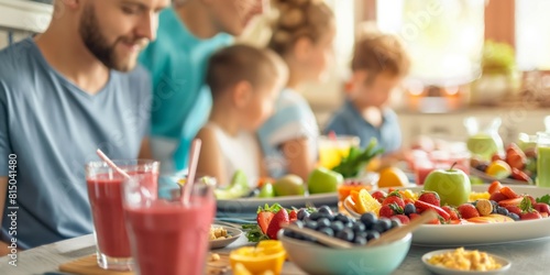 A family with blurred faces enjoys various healthy foods like fruits and smoothies at home