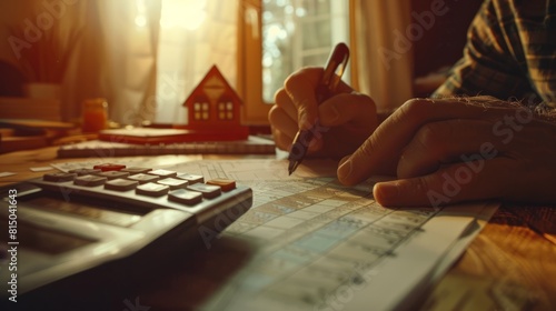 Calculators pressed as hand strategizes home refinance. Desk with house model, buy or rent note. Smart money management to buy property concept. Tax, credit analysis for optimal mortgage payment.