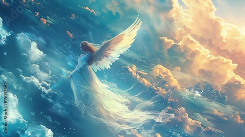 A woman angel is flying in the sky with clouds in the background