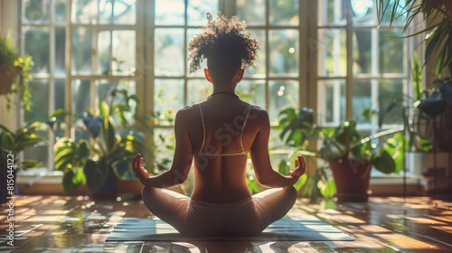 One girl is sitting on mat in lotus position. Yoga class. Serene Morning Meditation by Window. Tranquil place of meditation captures woman in contemplation with morning sun, nature outside window.