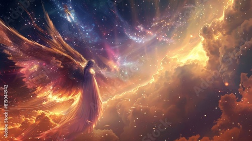 A colorful angel is flying through a sky full of stars and clouds