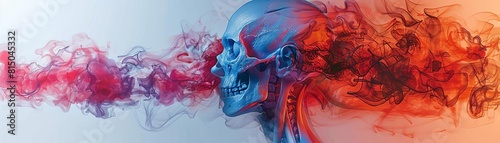 3D rendering of a skull with colorful smoke.