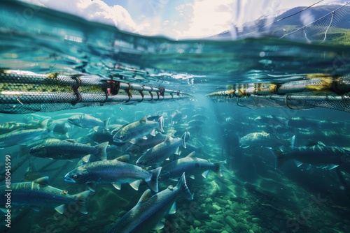 Sustainable Aquaculture: Modern Salmon Farming Underwater in Natural Water Body