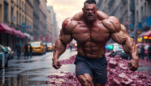 An aggressive bodybuilder on the street