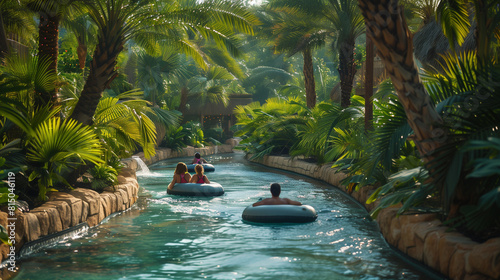 Family enjoying a lazy river ride, lush greenery on the sides, sunny ambiance 