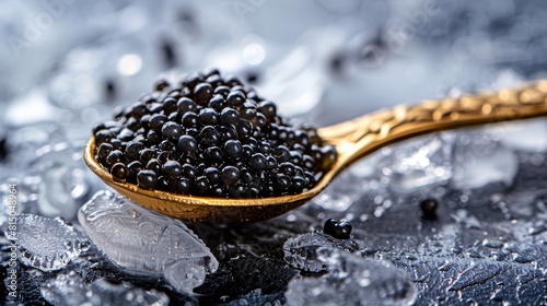 Luxurious black caviar served in an ornate golden spoon, surrounded by ice