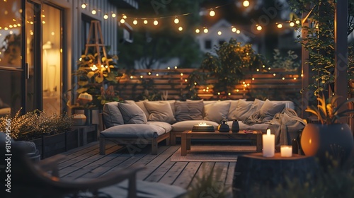 A Scandinavian terrace with minimalist outdoor furniture, wooden planters, and string lights for a cozy evening ambiance