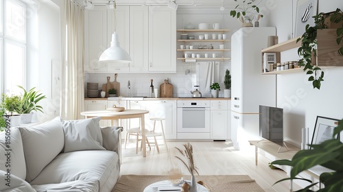 A Scandinavianinspired studio apartment with a multifunctional furniture layout, bright whites, and wooden accents