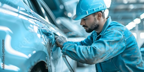 Auto body repair specialists using tools and expertise to fix car dents. Concept Auto Body Repair, Expertise, Tool Usage, Dent Fixing, Car Restoration