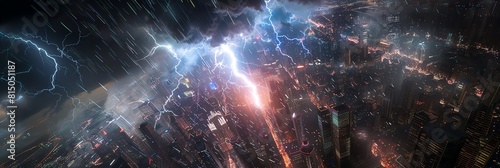 Lightning top view A dramatic top view of lightning striking a cityscape, representing the power and unpredictability of natural energy Scifi tone, Vivid