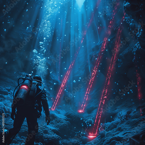 Diver exploring an underwater cave with beams of light
