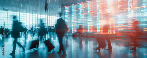 Busy airport terminal with motion blur and flight information.
