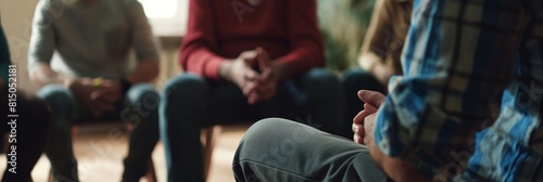 A close-up of participants' hands during a group therapy session, highlighting emotional support