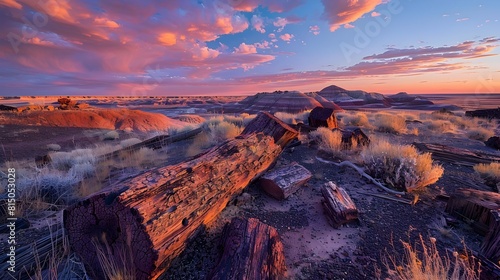 Petrified Forests Twilight Splendor Fossilized Remnants Scattered Across Vivid Painted Desert Badlands