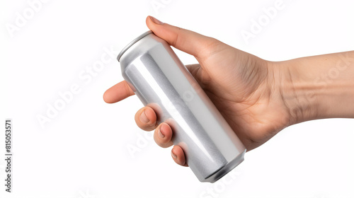 a hand holding a clean soda can, isolated against a clear white background for mockup