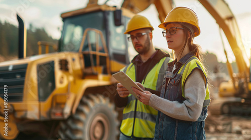 Construction Site Review with Male and Female Engineers Using Tablet Near Excavator at Sunset