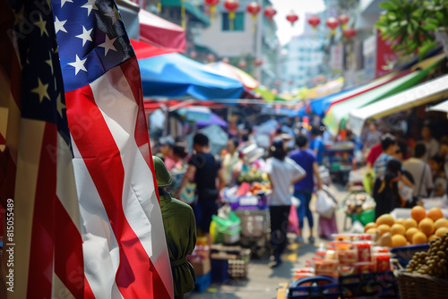 Cultural fusion for Memorial Day with a vivid American flag in the form of a praying soldier against a bustling Asian street market backdrop.