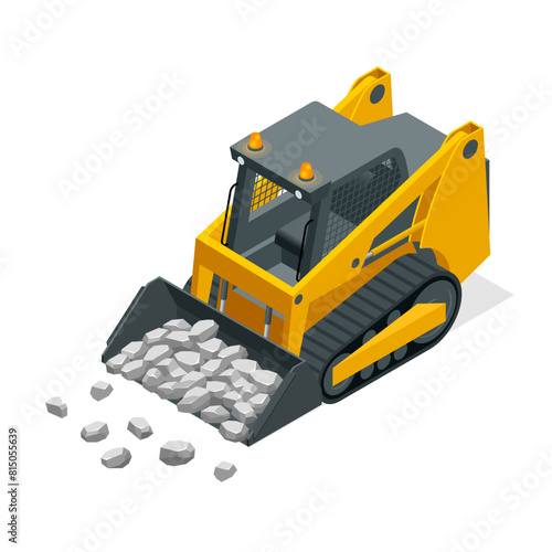 Isometric Compact Excavators. Yellow Skid Steer Loader.