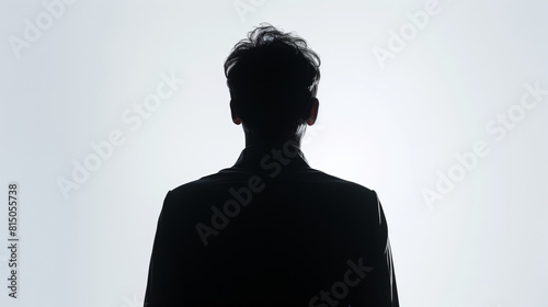 Silhouette of hidden male middle - aged person over white , back lit light , studio shot isolated on white background