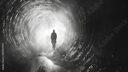 light at the end of tunnel with person on this way, black and white image