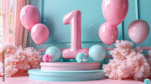 First Birthday Celebration Display with Pink Balloons and Pastel Decorations