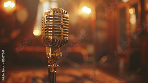 Vintage Gold Microphone on Stand in Warmly Lit Recording Studio with Blurred Background