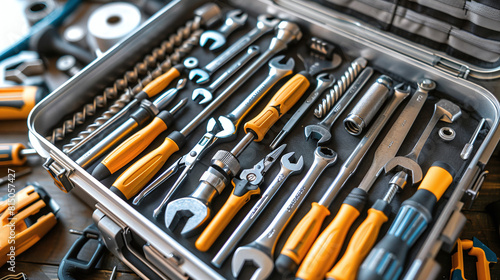 Professional Tool Kit Wide Open in Toolbox Showing Organized Wrenches Screwdrivers and Sockets on Wooden Table