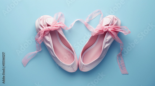 Pink Ballet Flats with Ribbon Bows Shaped as Heart on Blue Background Representing Love and Passion in Dance