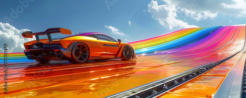 Snazzy LGBTQ PRIDE banner with a sleek rainbow roadster on a silver track