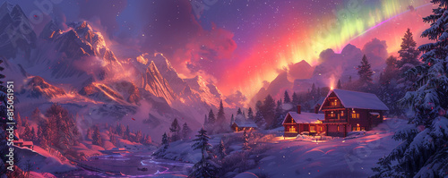 Swish LGBTQ PRIDE banner with a rainbow aurora borealis over a mountain chalet