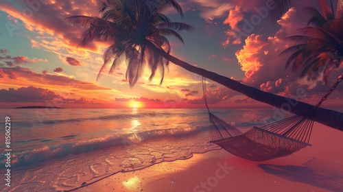 A beach scene with a blue hammock and two palm trees