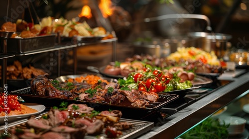 Catering buffet food indoor in restaurant with grilled meat. hyper realistic 