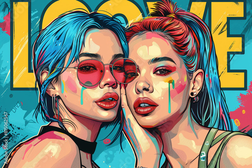 A pop art style portrait: two lesbians with bold makeup and colorful hair, winking playfully at the viewer, with a giant "LOVE" symbol in rainbow colors behind them.
