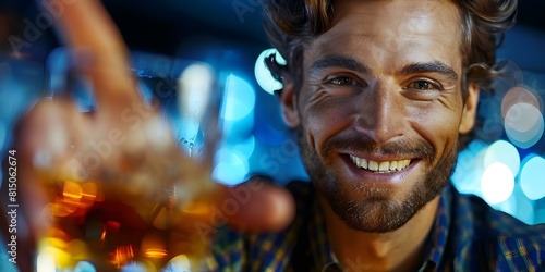 A man smiling and refusing alcohol signaling to stop drinking whiskey. Concept Portrait Photography, Healthy Lifestyle, Sobriety, Positive Choices, Non-Alcoholic Lifestyle