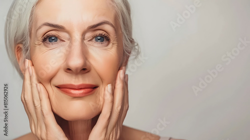 beautiful middle aged woman rejuvenated by using skin care products