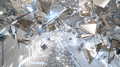 Modern Art Installation White Room with Hanging Silver Mirrors and Reflective Light Patterns