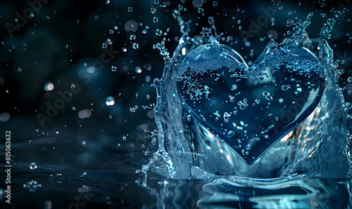 blue heart splashing underwater crystal 3d clear heart soaring Water with air bubbles Heart shape made of water with splashes 3d render transparent water background created with technology.