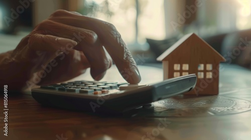 Hand presses calculators, pondering home refinance. Wooden house model, buy or rent note on desk. Saving for property purchase, mortgage payment strategy. Tax, credit analysis for financial success.