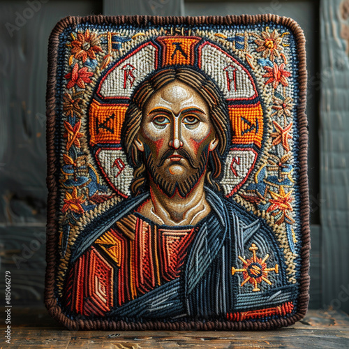 Embroidered portrait of Jesus Christ in vintage style. The illustration may be used for Christian publications.
