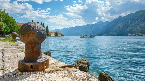 Steel anchoring bollard on the shore in the beautiful Perast town in the Kotor Bay, Montenegro